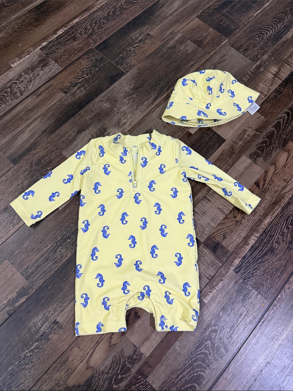 GAP Yellow Baby One-Piece with Blue Seahorse Print and Matching Hat